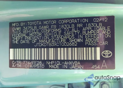 2012 Toyota Prius C Two from USA, damaged, VIN JTDKDTB3XC1002682